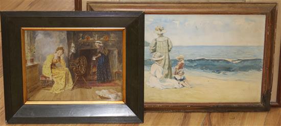E.A.Sallis Benney, watercolour, landscape, 17 x 34cm. a beach scene and an overpainted print.